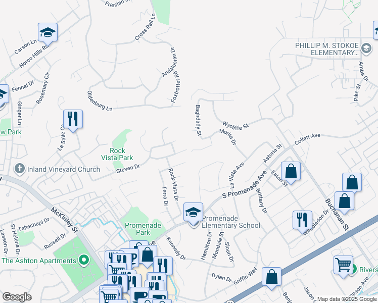 map of restaurants, bars, coffee shops, grocery stores, and more near 2680 Presidio Circle in Corona