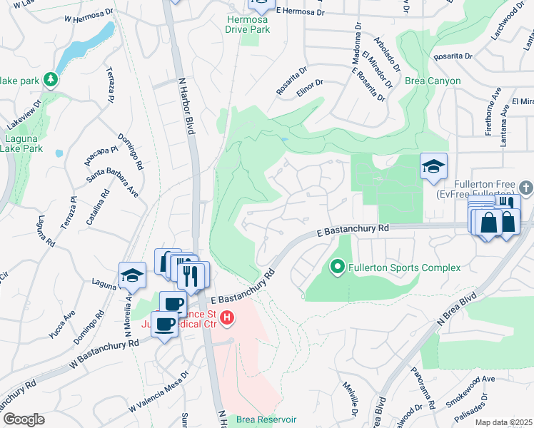 map of restaurants, bars, coffee shops, grocery stores, and more near 430 Pebble Beach Place in Fullerton