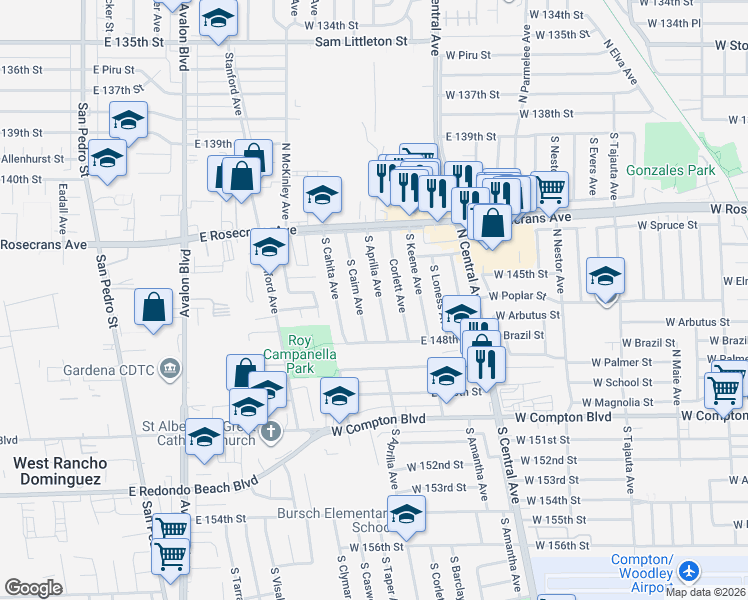 map of restaurants, bars, coffee shops, grocery stores, and more near 14517 South Aprilia Avenue in Compton