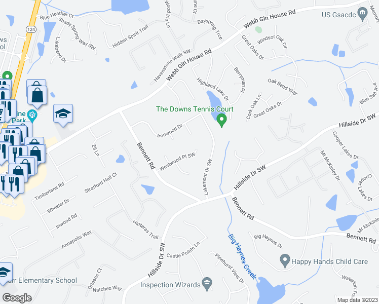 map of restaurants, bars, coffee shops, grocery stores, and more near 1109 Westwood Place Southwest in Grayson