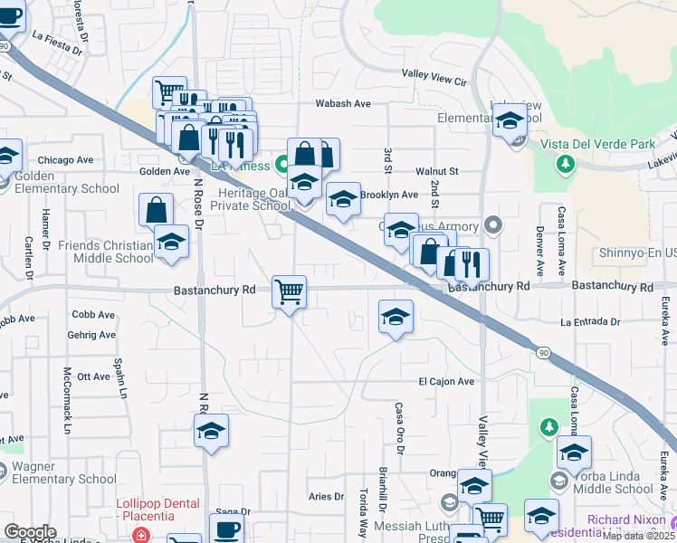 map of restaurants, bars, coffee shops, grocery stores, and more near 17098 Los Angeles Street in Yorba Linda