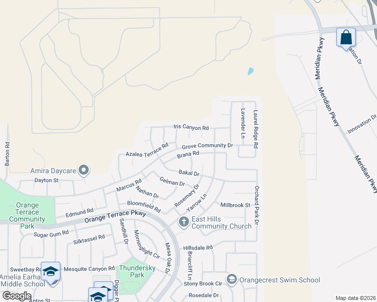 map of restaurants, bars, coffee shops, grocery stores, and more near 20696 Brana Road in Riverside