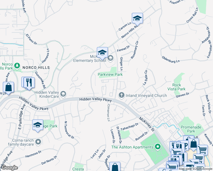 map of restaurants, bars, coffee shops, grocery stores, and more near 1020 Vista Del Cerro Drive in Corona