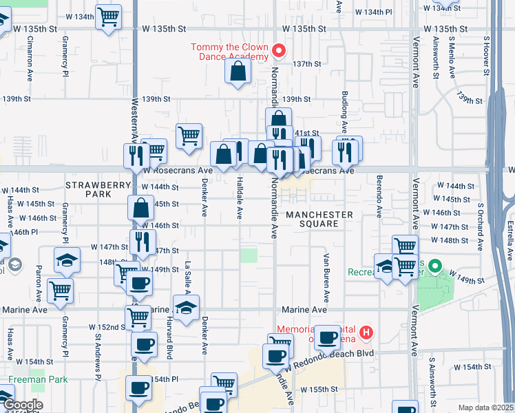 map of restaurants, bars, coffee shops, grocery stores, and more near 1446 West 145th Street in Gardena