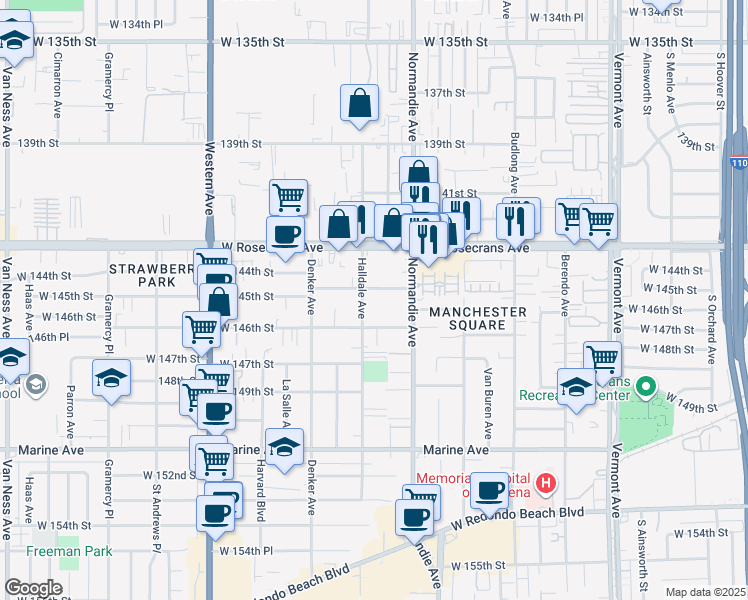 map of restaurants, bars, coffee shops, grocery stores, and more near 1446 West 145th Street in Gardena