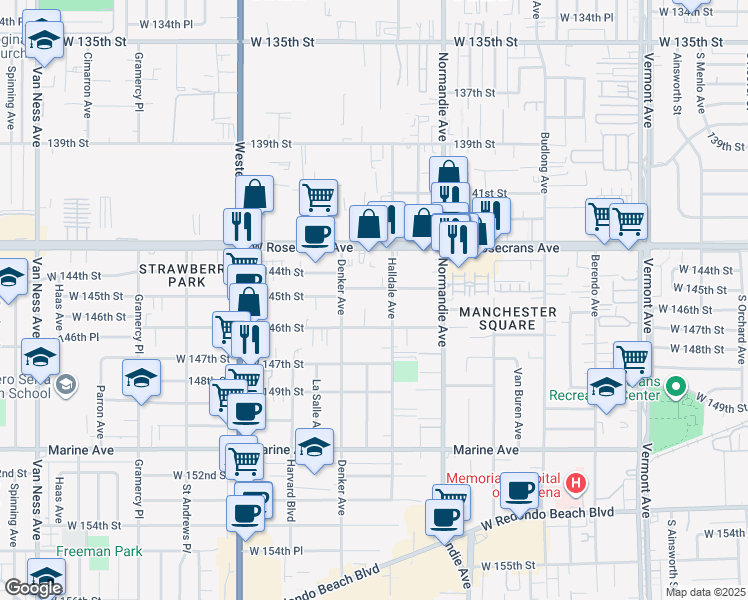 map of restaurants, bars, coffee shops, grocery stores, and more near 1522 West 145th Street in Gardena