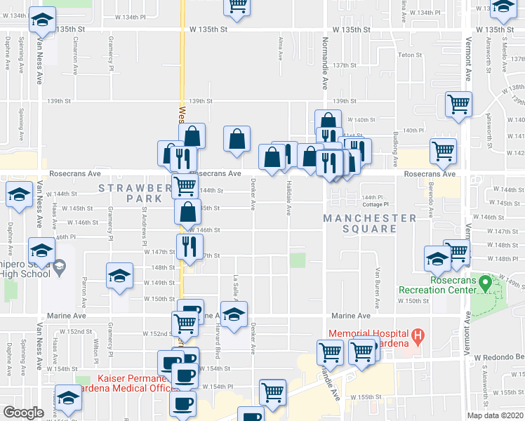 map of restaurants, bars, coffee shops, grocery stores, and more near 1522 West 145th Street in Gardena