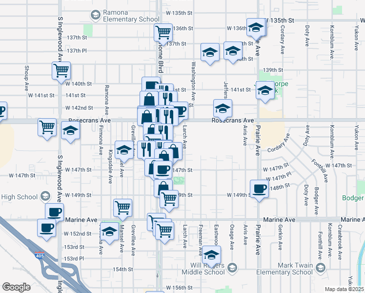 map of restaurants, bars, coffee shops, grocery stores, and more near 14500 Larch Avenue in Lawndale