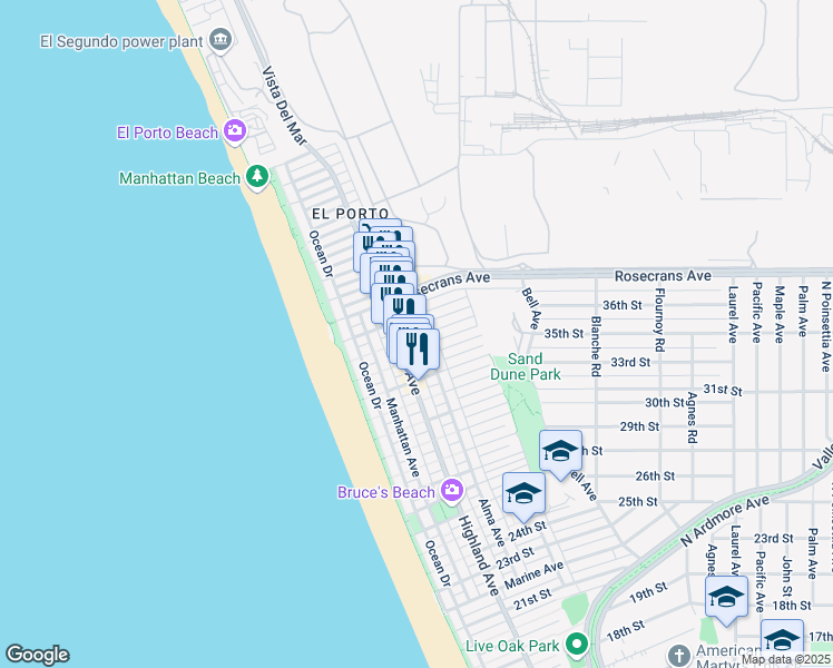 map of restaurants, bars, coffee shops, grocery stores, and more near 380 35th Street in Manhattan Beach
