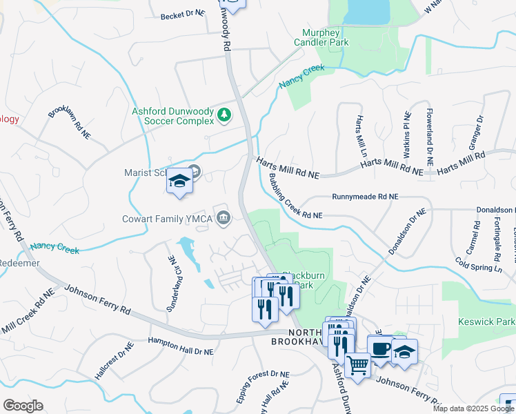map of restaurants, bars, coffee shops, grocery stores, and more near 3699 Nancy Creek Trail in Atlanta