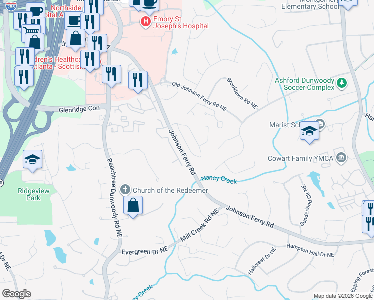 map of restaurants, bars, coffee shops, grocery stores, and more near 1176 Bluffhaven Way Northeast in Atlanta