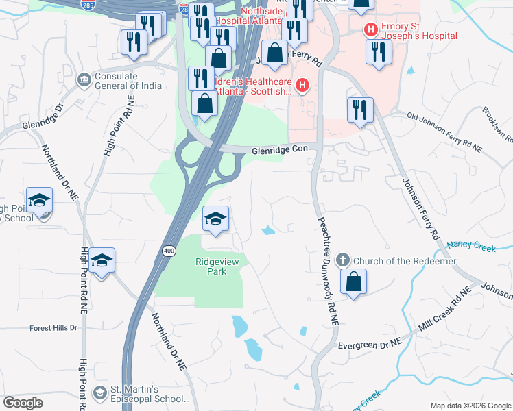 map of restaurants, bars, coffee shops, grocery stores, and more near 5135 Falcon Chase Lane Northeast in Atlanta