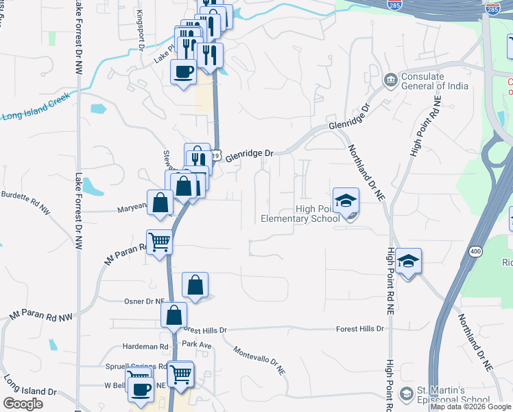 map of restaurants, bars, coffee shops, grocery stores, and more near 5305 Green Hill Place Northeast in Atlanta