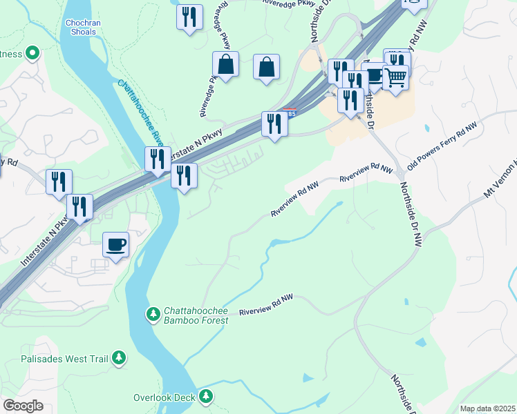 map of restaurants, bars, coffee shops, grocery stores, and more near 5090 Riverview Road Northwest in Atlanta