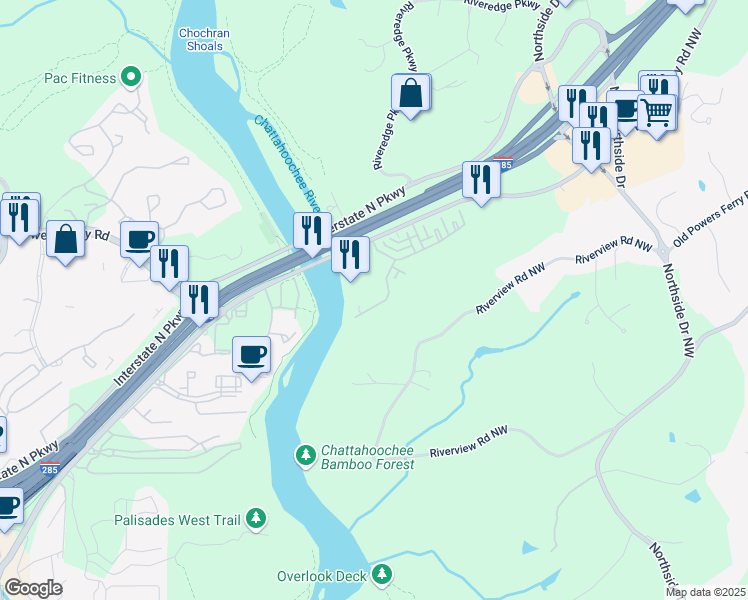 map of restaurants, bars, coffee shops, grocery stores, and more near 329 Riversedge Drive in Atlanta