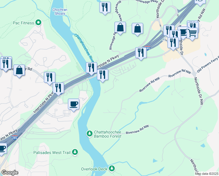 map of restaurants, bars, coffee shops, grocery stores, and more near 329 Riversedge Drive in Atlanta