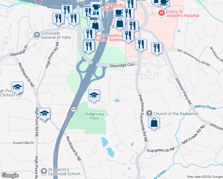 map of restaurants, bars, coffee shops, grocery stores, and more near 5135 Falcon Chase Lane Northeast in Atlanta