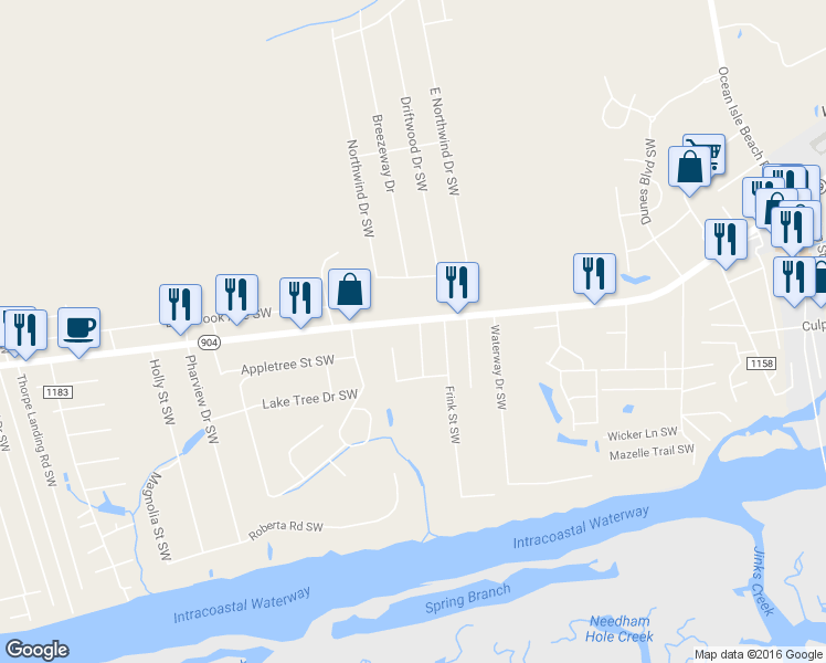 map of restaurants, bars, coffee shops, grocery stores, and more near 6587 Beach Drive Southwest in Ocean Isle Beach