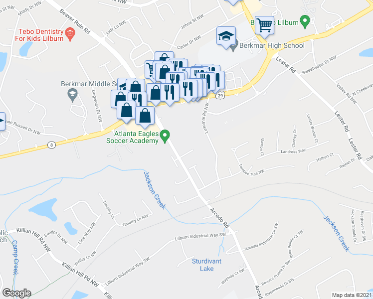 map of restaurants, bars, coffee shops, grocery stores, and more near 4175 Jackson Place Northwest in Lilburn