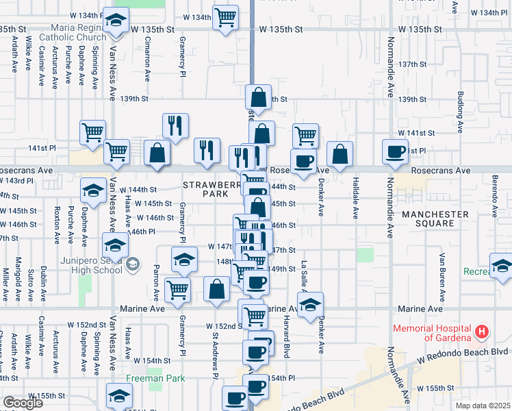map of restaurants, bars, coffee shops, grocery stores, and more near 14500 South Western Avenue in Gardena