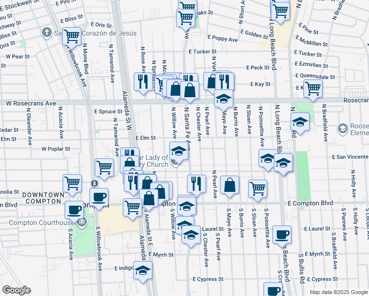 map of restaurants, bars, coffee shops, grocery stores, and more near 527 North Santa Fe Avenue in Compton