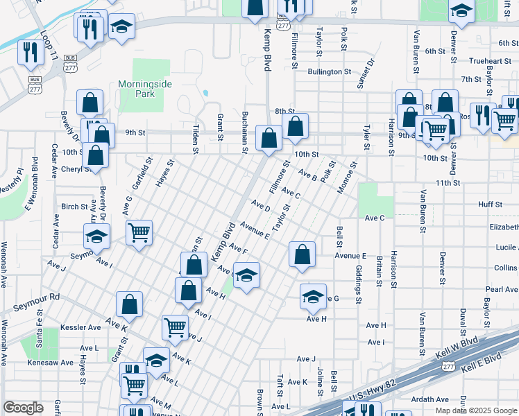 map of restaurants, bars, coffee shops, grocery stores, and more near 1400 Fillmore Street in Wichita Falls