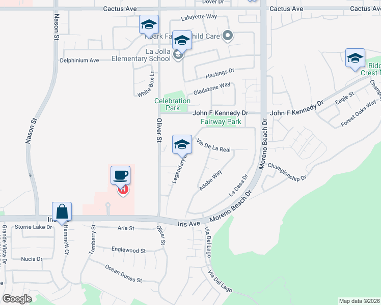 map of restaurants, bars, coffee shops, grocery stores, and more near 15190 Legendary Drive in Moreno Valley