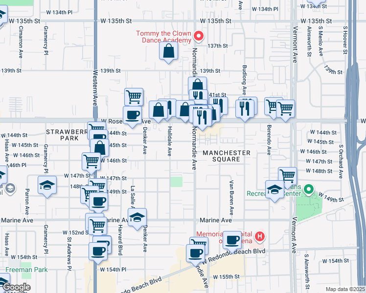 map of restaurants, bars, coffee shops, grocery stores, and more near 1446 West 145th Street in Gardena