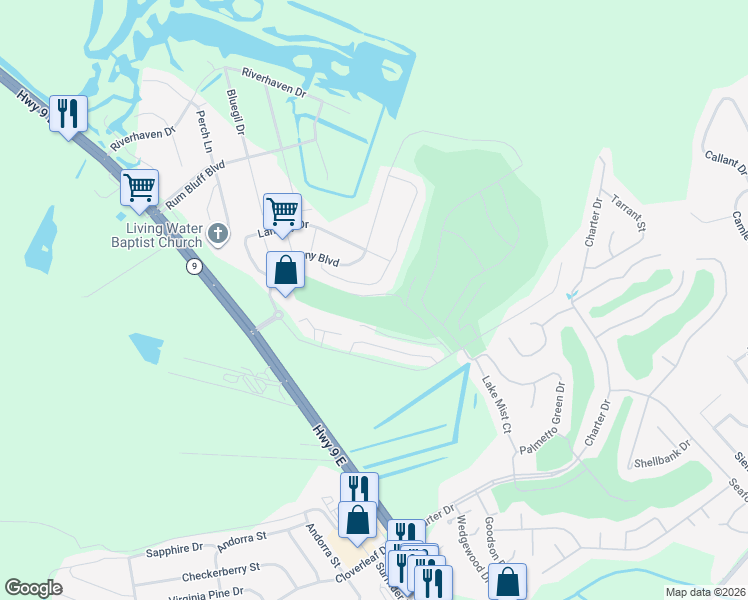 map of restaurants, bars, coffee shops, grocery stores, and more near 1752 Fairwinds Drive in Longs