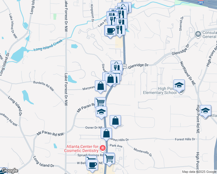 map of restaurants, bars, coffee shops, grocery stores, and more near 5300 Roswell Road in Sandy Springs