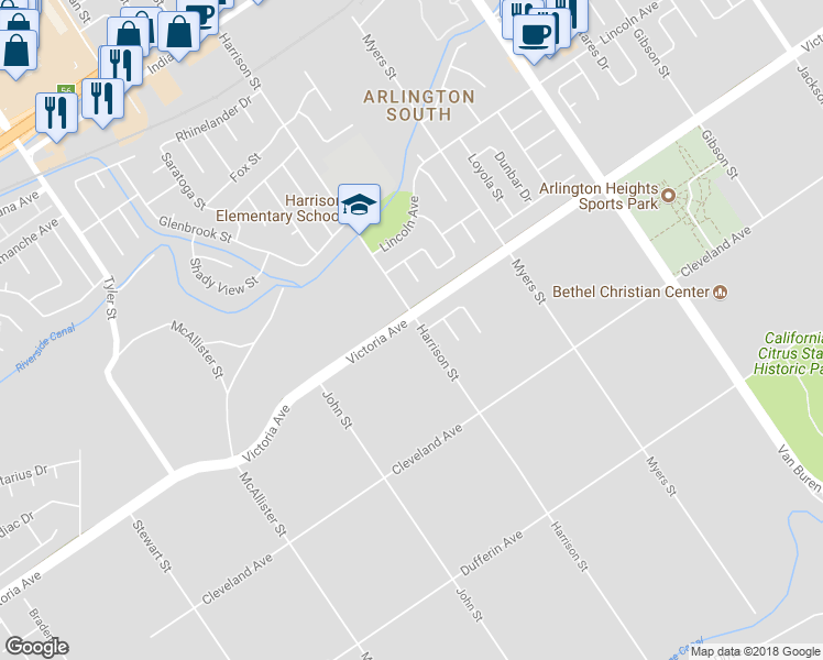 map of restaurants, bars, coffee shops, grocery stores, and more near 9918 Victoria Avenue in Riverside