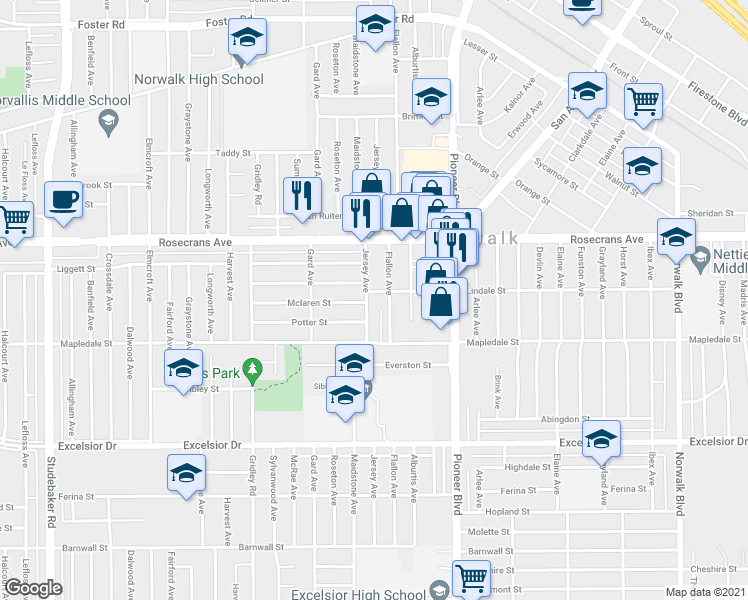 map of restaurants, bars, coffee shops, grocery stores, and more near 14408 Jersey Avenue in Norwalk