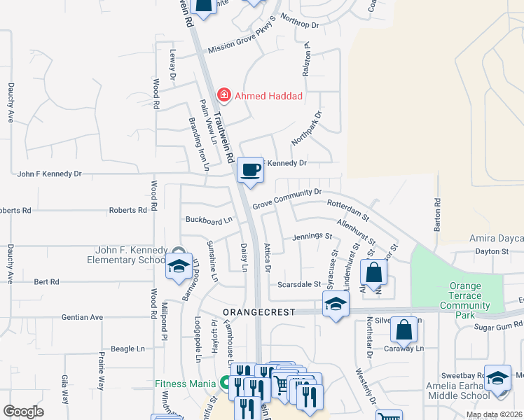 map of restaurants, bars, coffee shops, grocery stores, and more near 19310 Nassau Street in Riverside