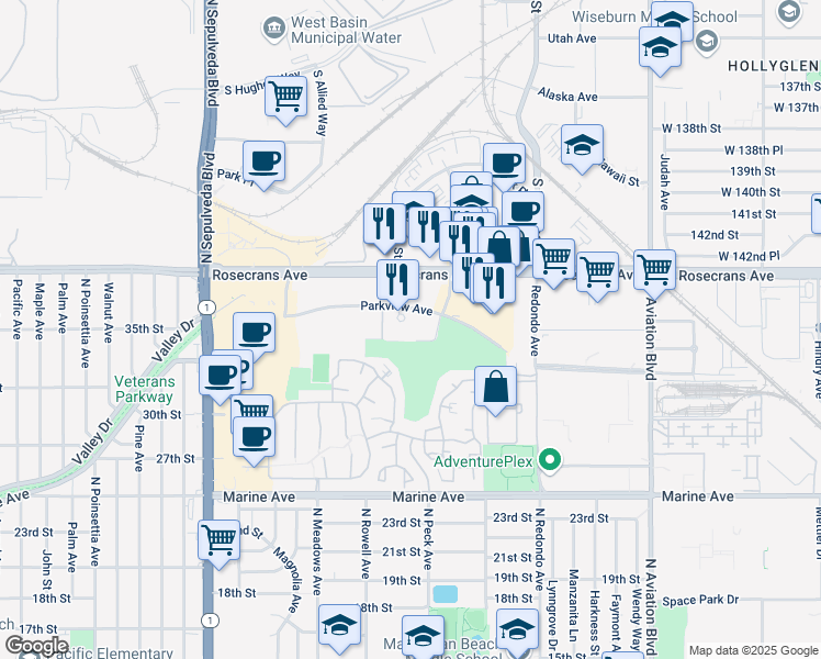map of restaurants, bars, coffee shops, grocery stores, and more near 1400 Parkview Avenue in Manhattan Beach
