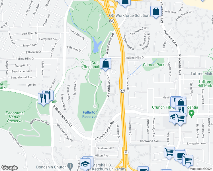 map of restaurants, bars, coffee shops, grocery stores, and more near 2740 Craig Circle in Fullerton