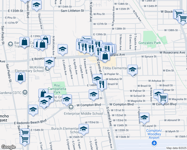 map of restaurants, bars, coffee shops, grocery stores, and more near 14524 South Loness Avenue in Compton