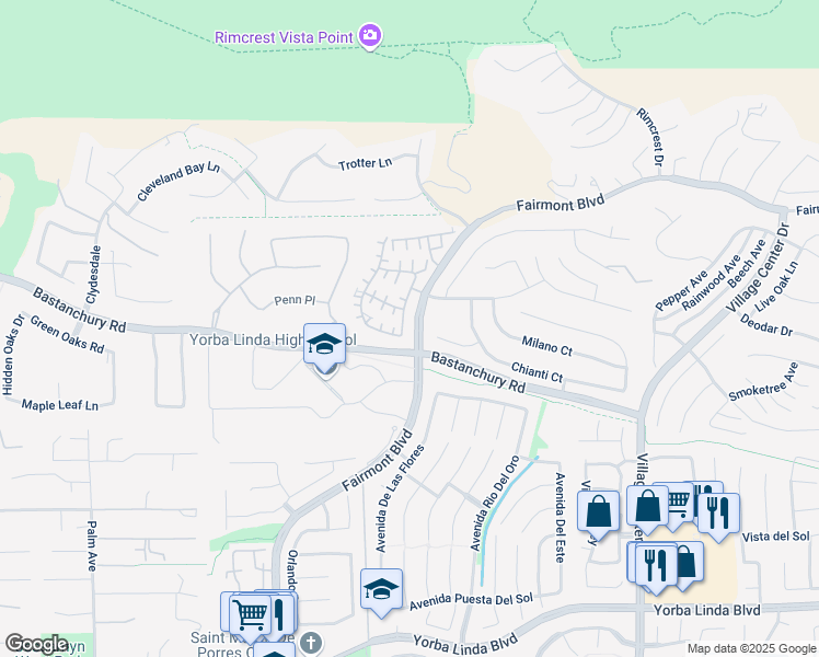 map of restaurants, bars, coffee shops, grocery stores, and more near 4156 Villa Pasado in Yorba Linda