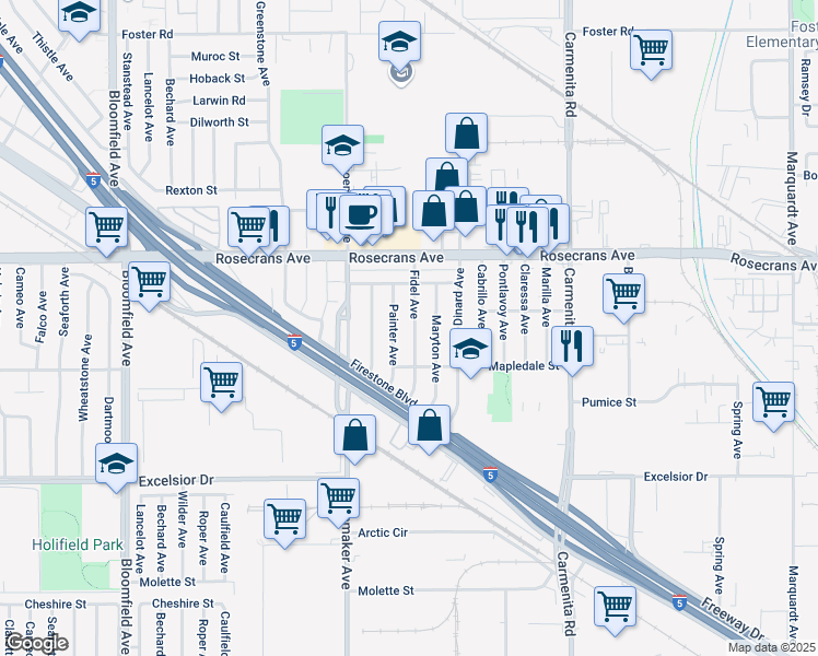 map of restaurants, bars, coffee shops, grocery stores, and more near 14503 Fidel Ave in Norwalk