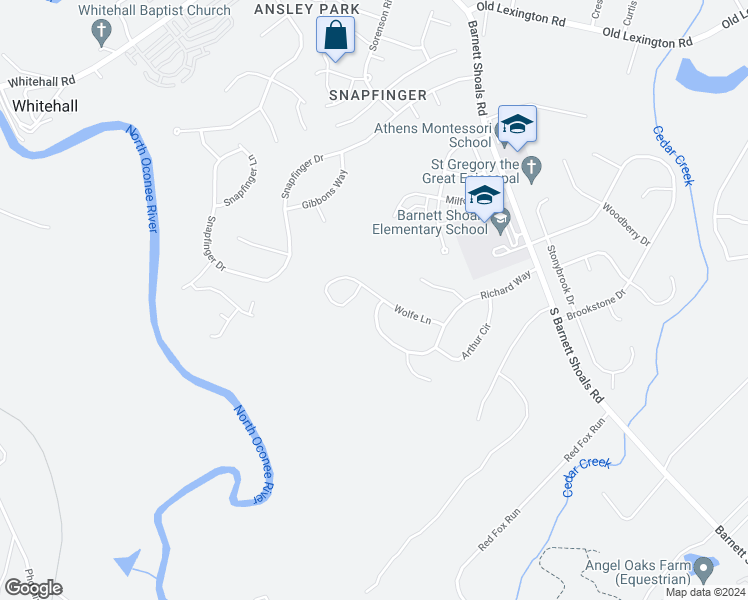map of restaurants, bars, coffee shops, grocery stores, and more near 399 Richard Way in Athens