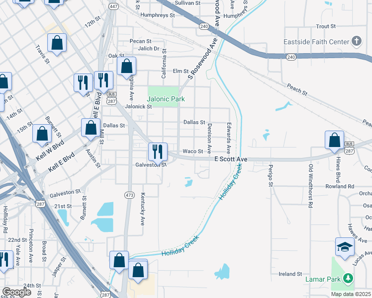 map of restaurants, bars, coffee shops, grocery stores, and more near in Wichita Falls
