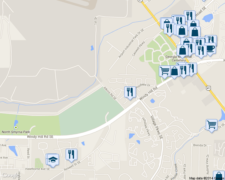 map of restaurants, bars, coffee shops, grocery stores, and more near 2121 Windy Hill Road Southeast in Smyrna