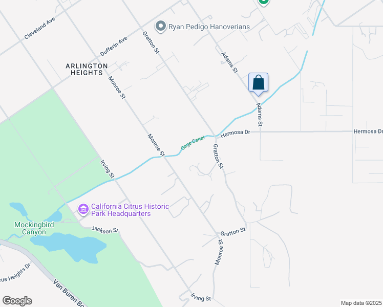 map of restaurants, bars, coffee shops, grocery stores, and more near Hermosa Drive in Riverside