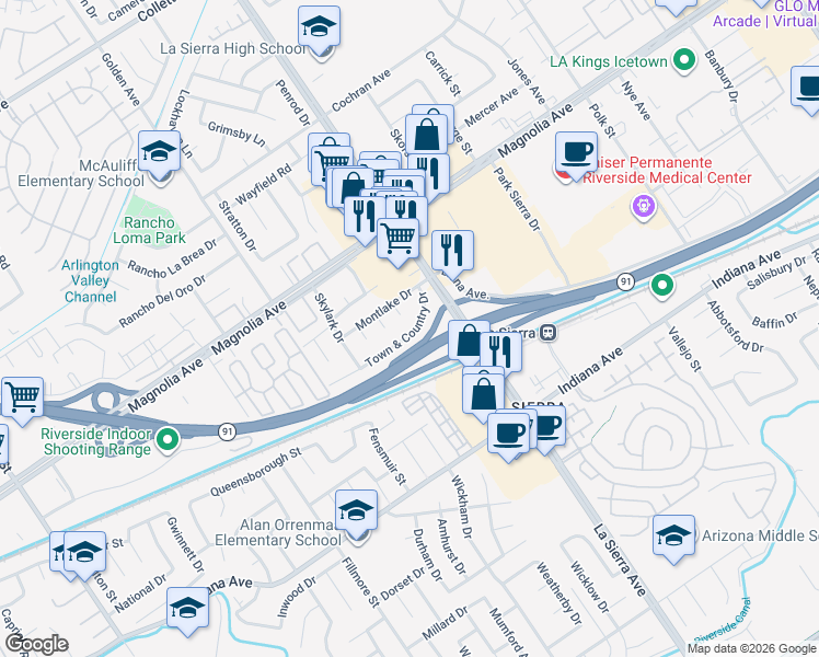 map of restaurants, bars, coffee shops, grocery stores, and more near 11179 Town & Country Drive in Riverside