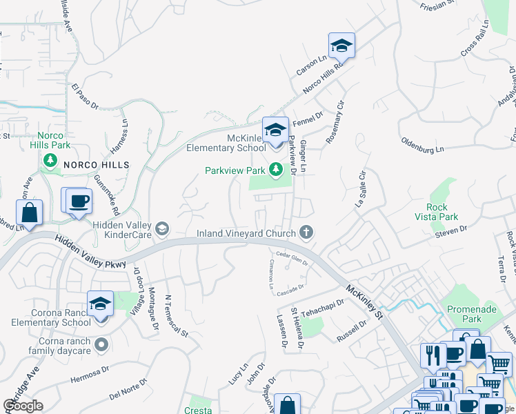 map of restaurants, bars, coffee shops, grocery stores, and more near 1035 La Terraza Circle in Corona