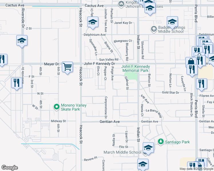 map of restaurants, bars, coffee shops, grocery stores, and more near 15188 Pepper Court in Moreno Valley