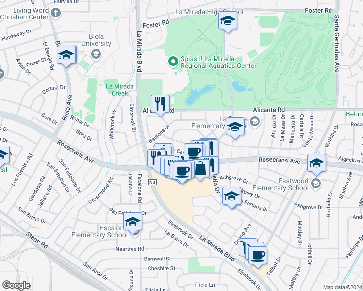map of restaurants, bars, coffee shops, grocery stores, and more near 15148 Manzanares Road in La Mirada