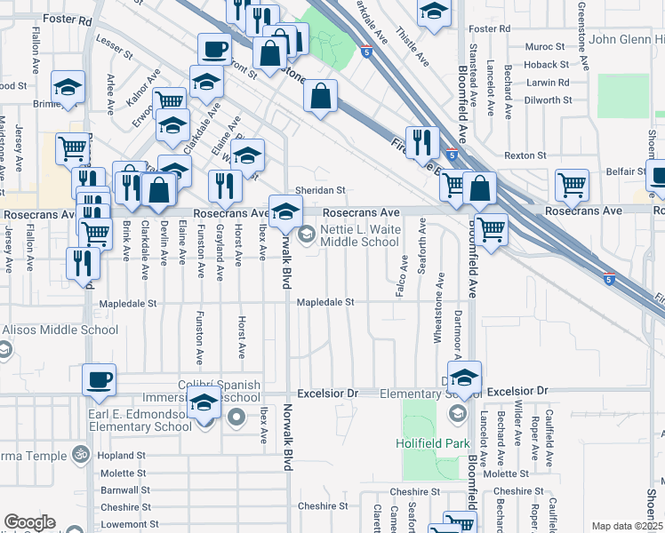 map of restaurants, bars, coffee shops, grocery stores, and more near 14432 Disney Avenue in Norwalk