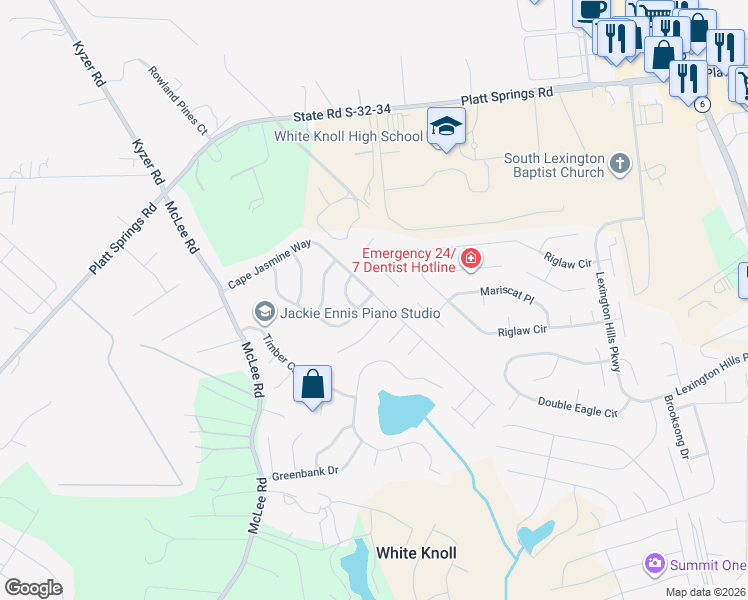 map of restaurants, bars, coffee shops, grocery stores, and more near 101 Tea Olive Avenue in Lexington