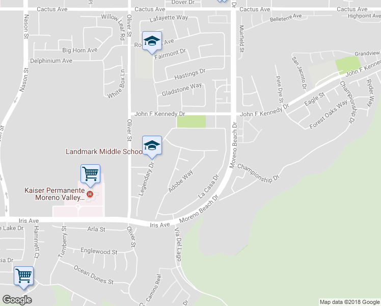 map of restaurants, bars, coffee shops, grocery stores, and more near 27797 Via De La Real Drive in Moreno Valley