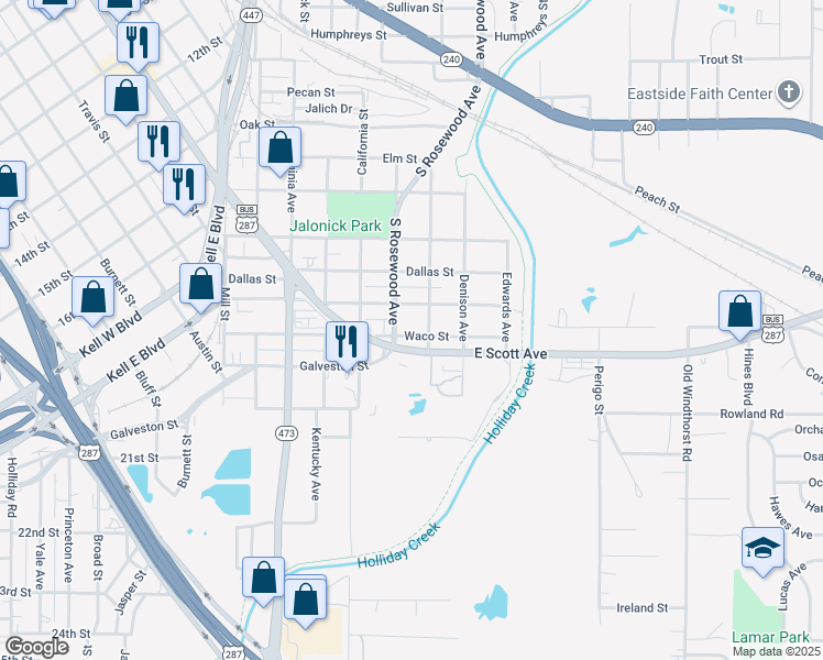 map of restaurants, bars, coffee shops, grocery stores, and more near 606 Waco Street in Wichita Falls